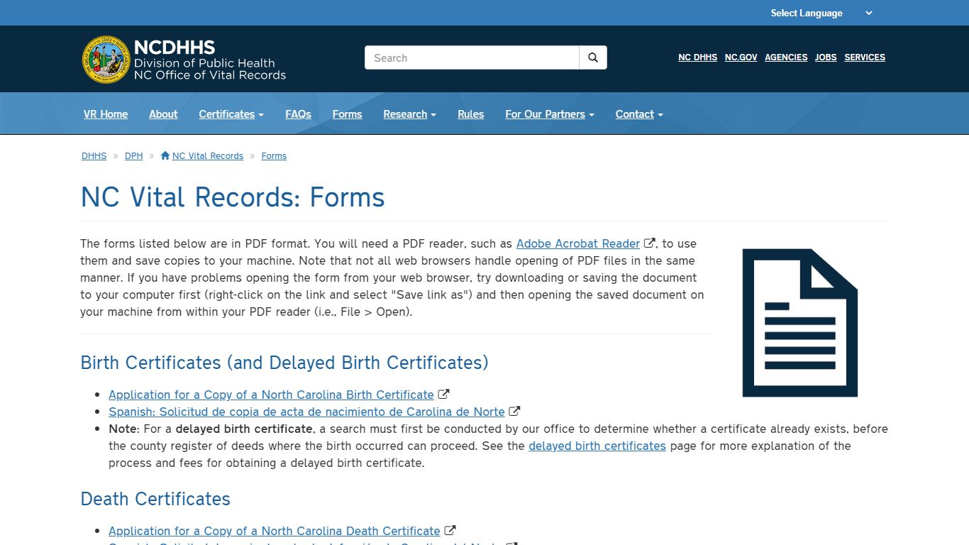 NCDHHS: DPH: NC Vital Records: Forms